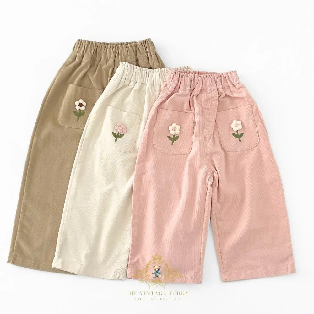 NWT Cute Girls Corduroy Pants Sweet Embroidered Flower Elastic Waistband Tan 3T